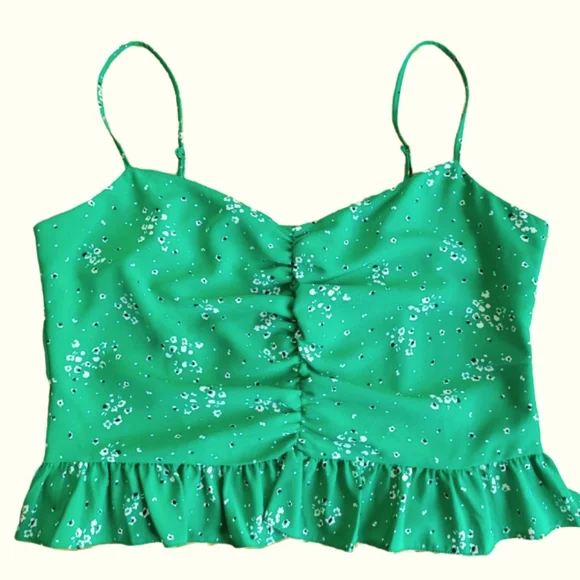 🌟 TOPSHOP Flirty Trendy Green Floral Crop Cami Rouching Side Zip Women's Sz 10 - Picture 2 of 9